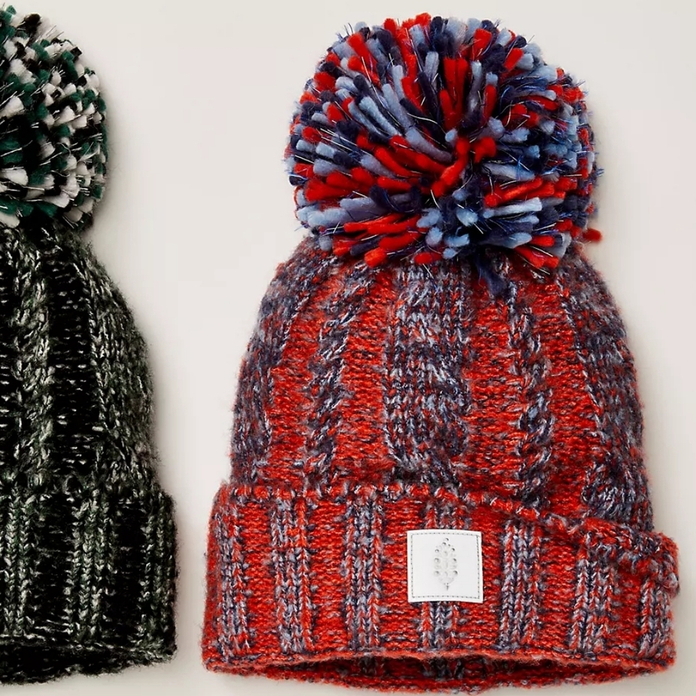 FP Movement by Free People Pom Party Reflective Beanie In Red Blue Combo New W